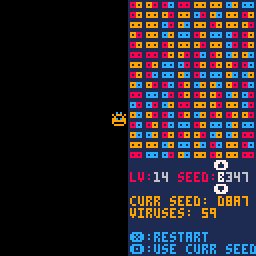 To the left is a randomized 8 column 16 row playfield of animated pixelated viruses. To the right is a randomized sequence of pills, and some controls for the random seed used to generate the arrangements of viruses and pills.